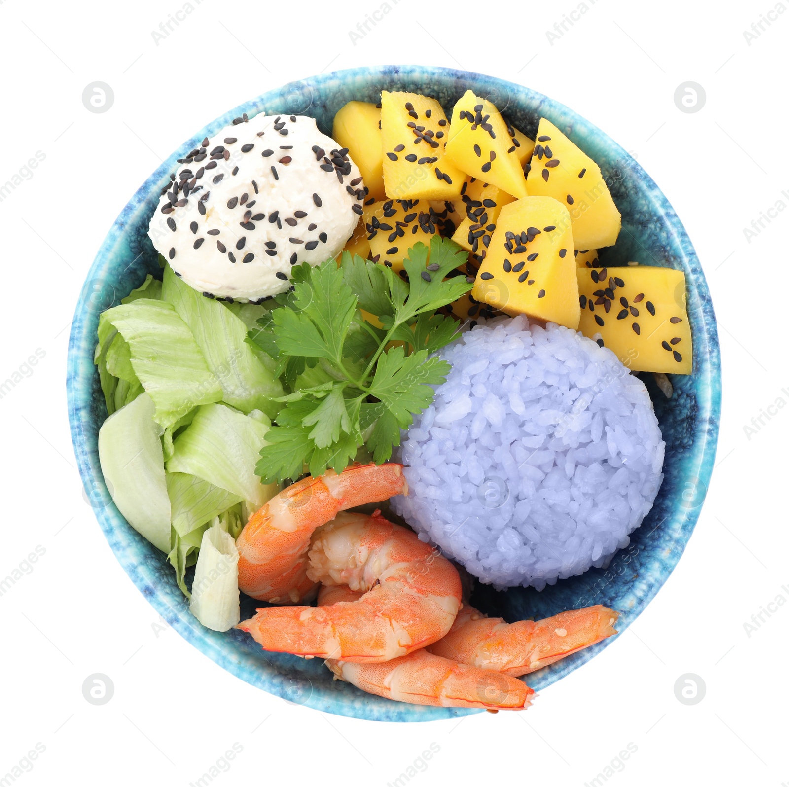 Photo of Delicious poke bowl on white background, top view