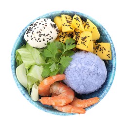 Delicious poke bowl on white background, top view