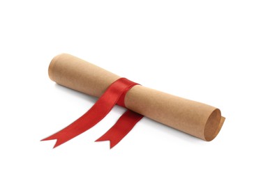 Image of Rolled student's diploma with red ribbon isolated on white