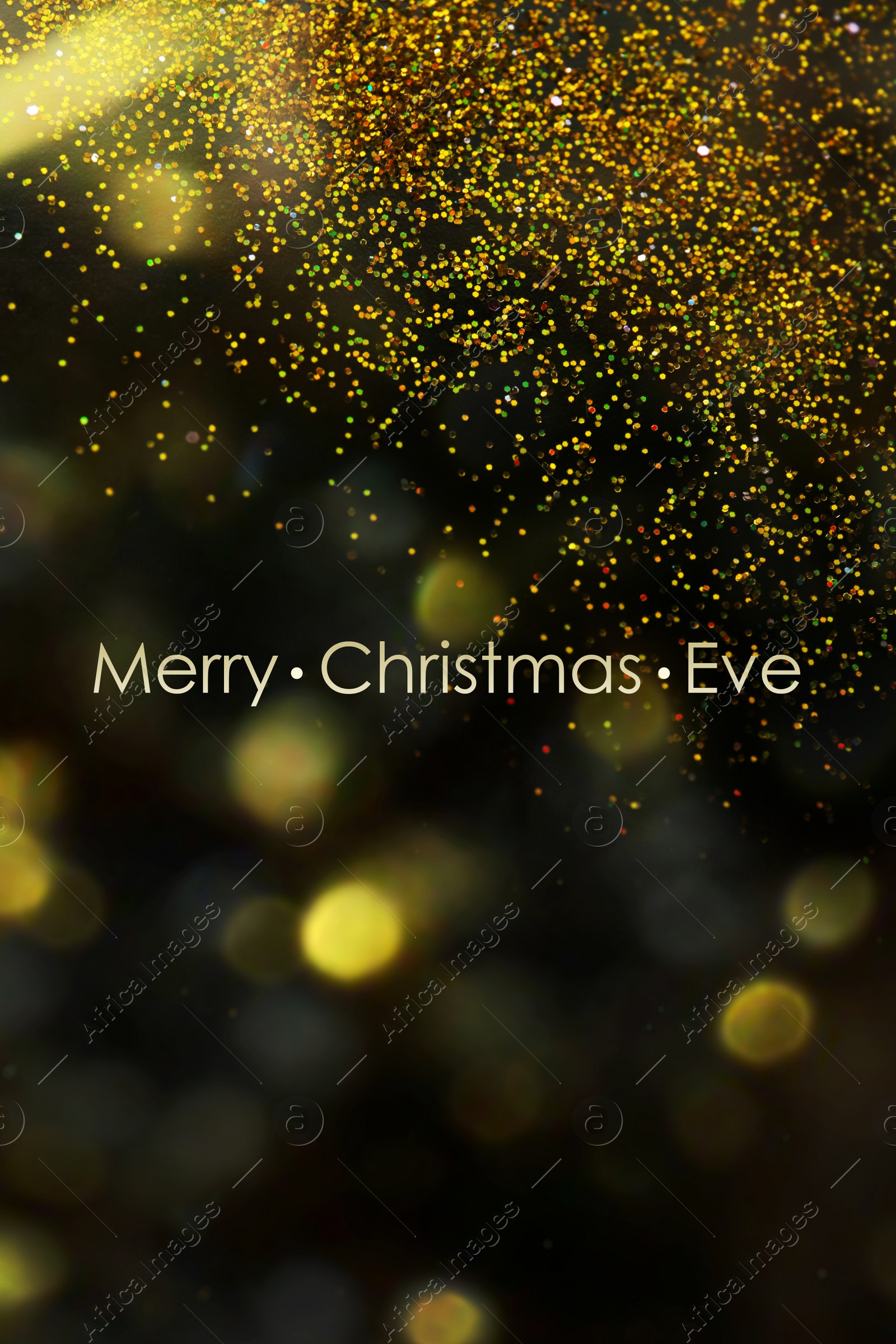 Image of Merry Christmas Eve, postcard design. Shiny golden glitter on blurred background with bokeh effect 