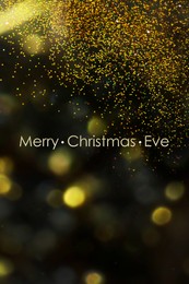 Image of Merry Christmas Eve, postcard design. Shiny golden glitter on blurred background with bokeh effect 