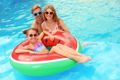 Photo of Happy family in pool on sunny day