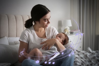 Image of Mother singing lullaby to her sleepy baby at home. Illustration of flying music notes around child and woman