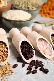 Photo of Scoops with different spices on gray marble table, closeup