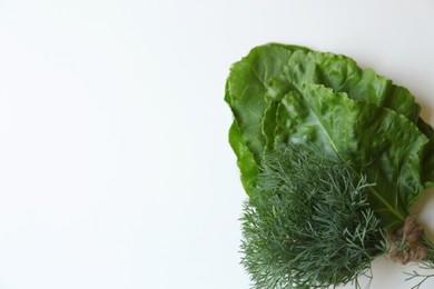 Photo of Bunch of dill and beetroot leaves on white wooden table, top view. Space for text