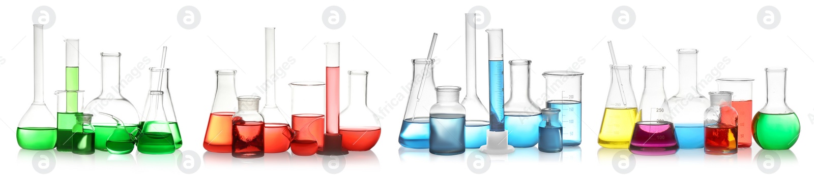 Image of Set of laboratory glassware with colorful liquids on white background. Banner design