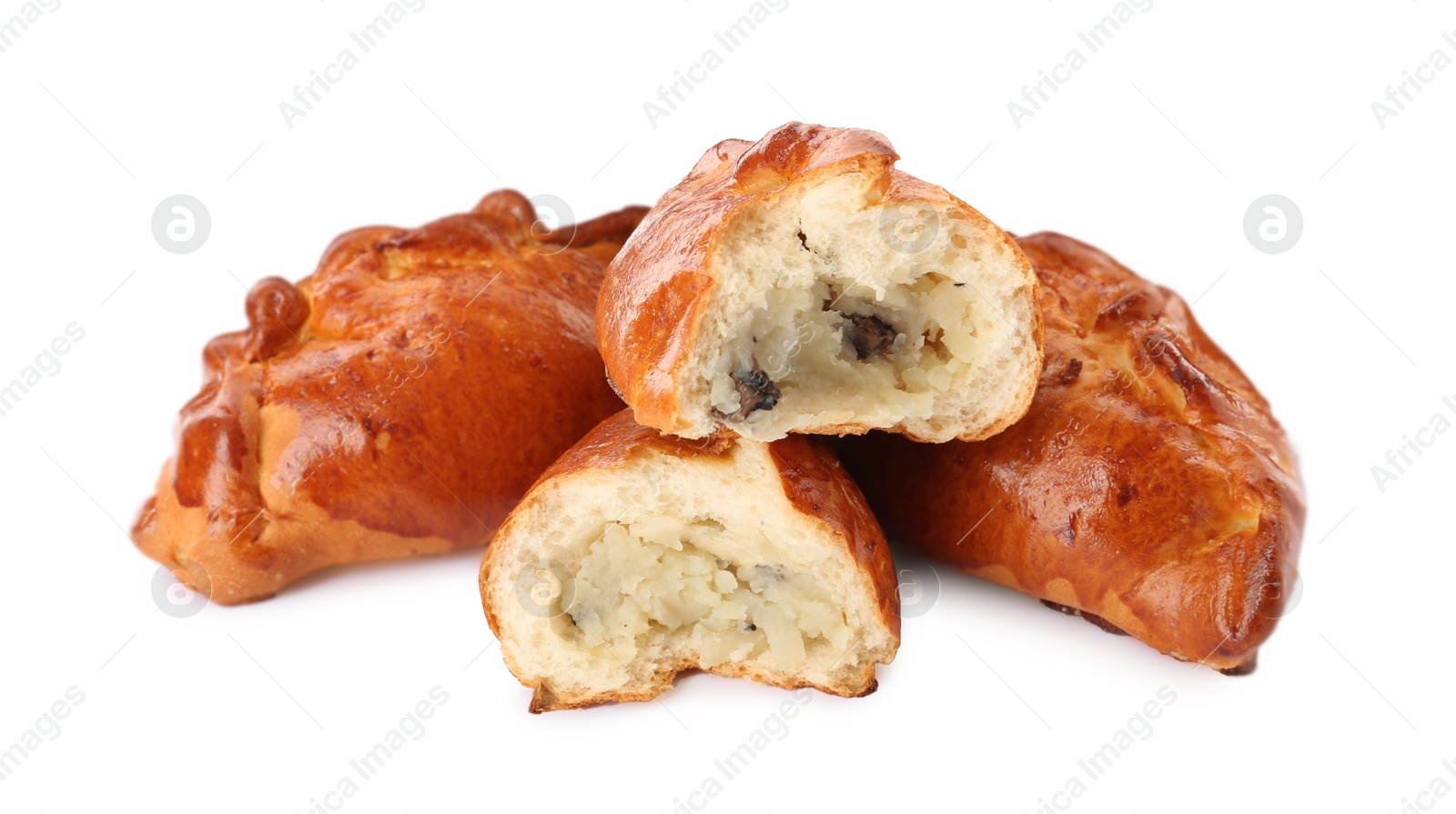 Photo of Delicious baked patties with potato and mushrooms on white background