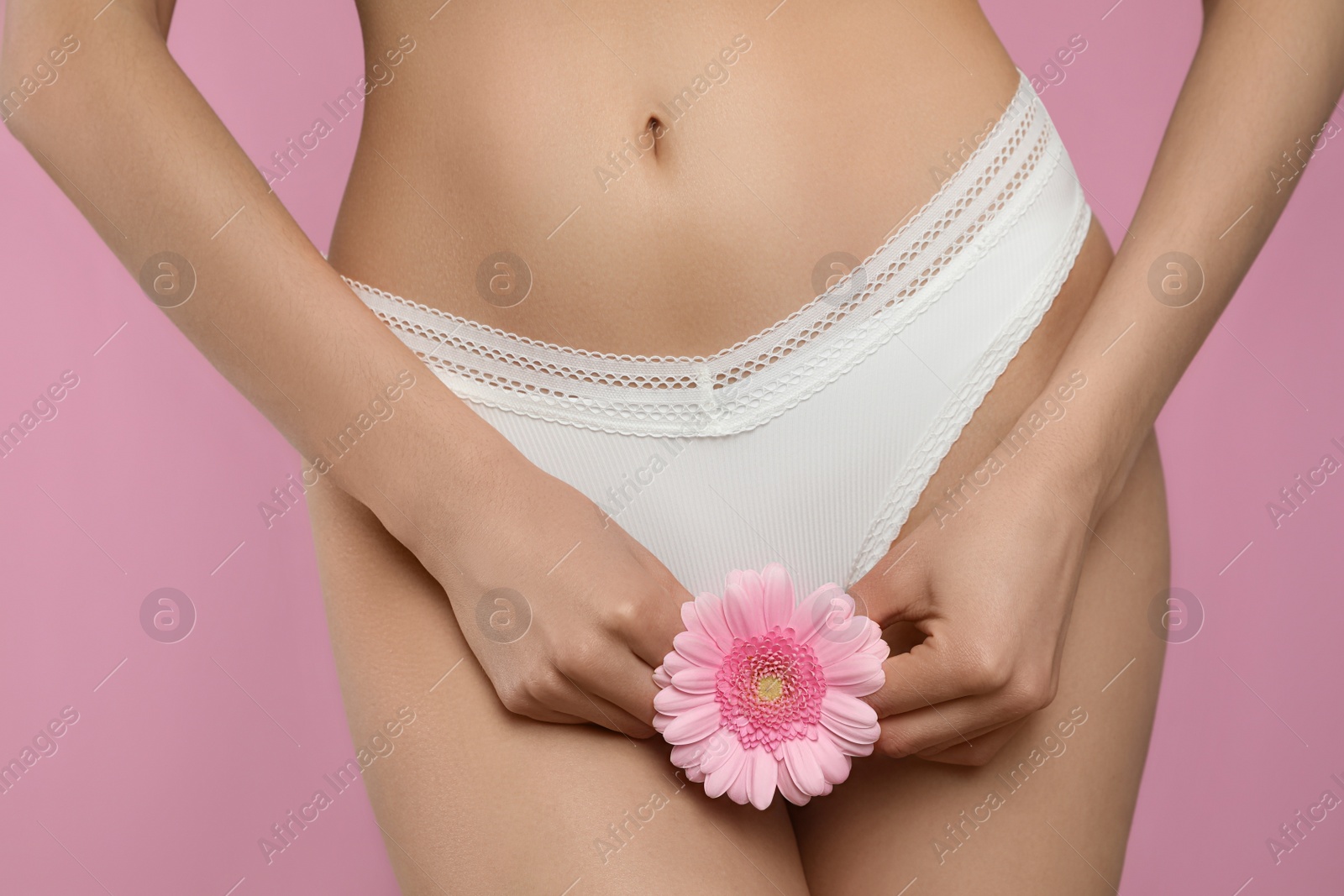 Photo of Woman in white panties with gerbera flower on pink background, closeup