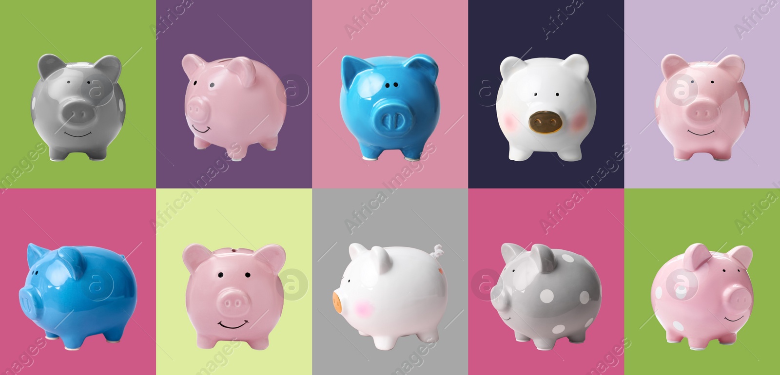 Image of Set with piggy banks on different color backgrounds. Banner design