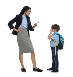 Photo of Teacher scolding pupil for being late against white background