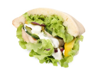 Delicious pita sandwich with chicken breast and vegetables on white background