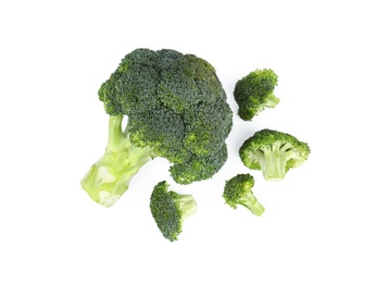 Photo of Fresh green broccoli on white background, top view. Organic food