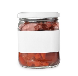 Photo of Jar of pickled vegetable mix with blank label on white background