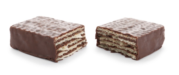 Halves of wafer stick with chocolate coating isolated on white