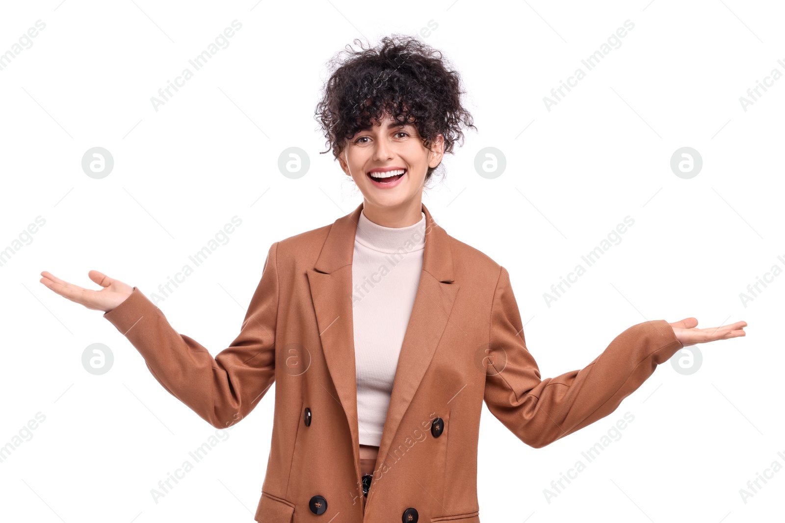 Photo of Beautiful happy businesswoman posing on white background