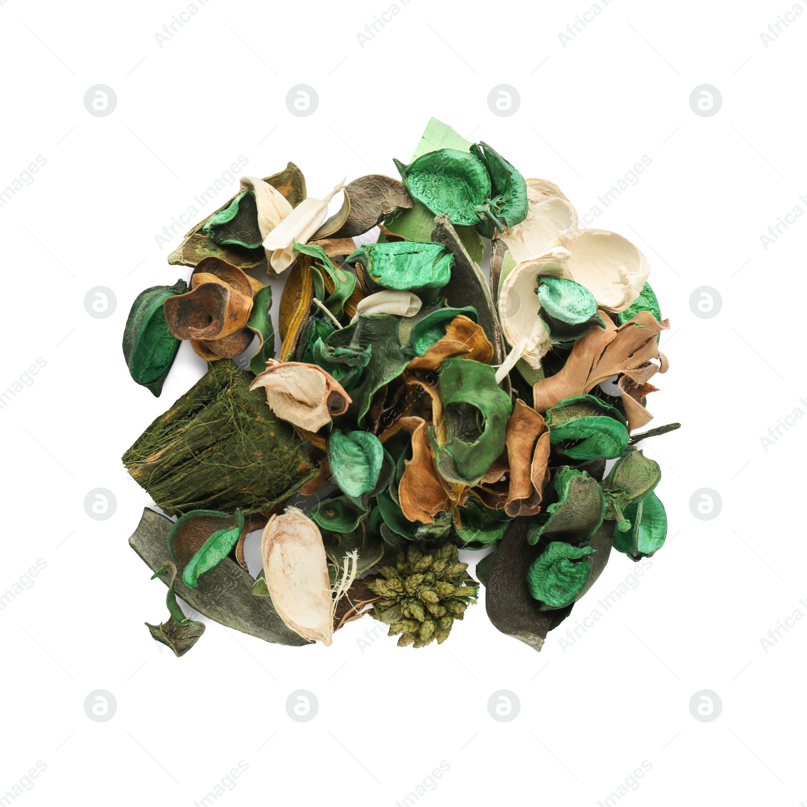 Photo of Pile of scented potpourri on white background, top view