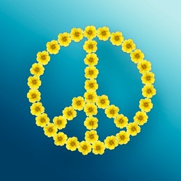 Hippie peace symbol made of yellow primula flowers on light blue gradient background