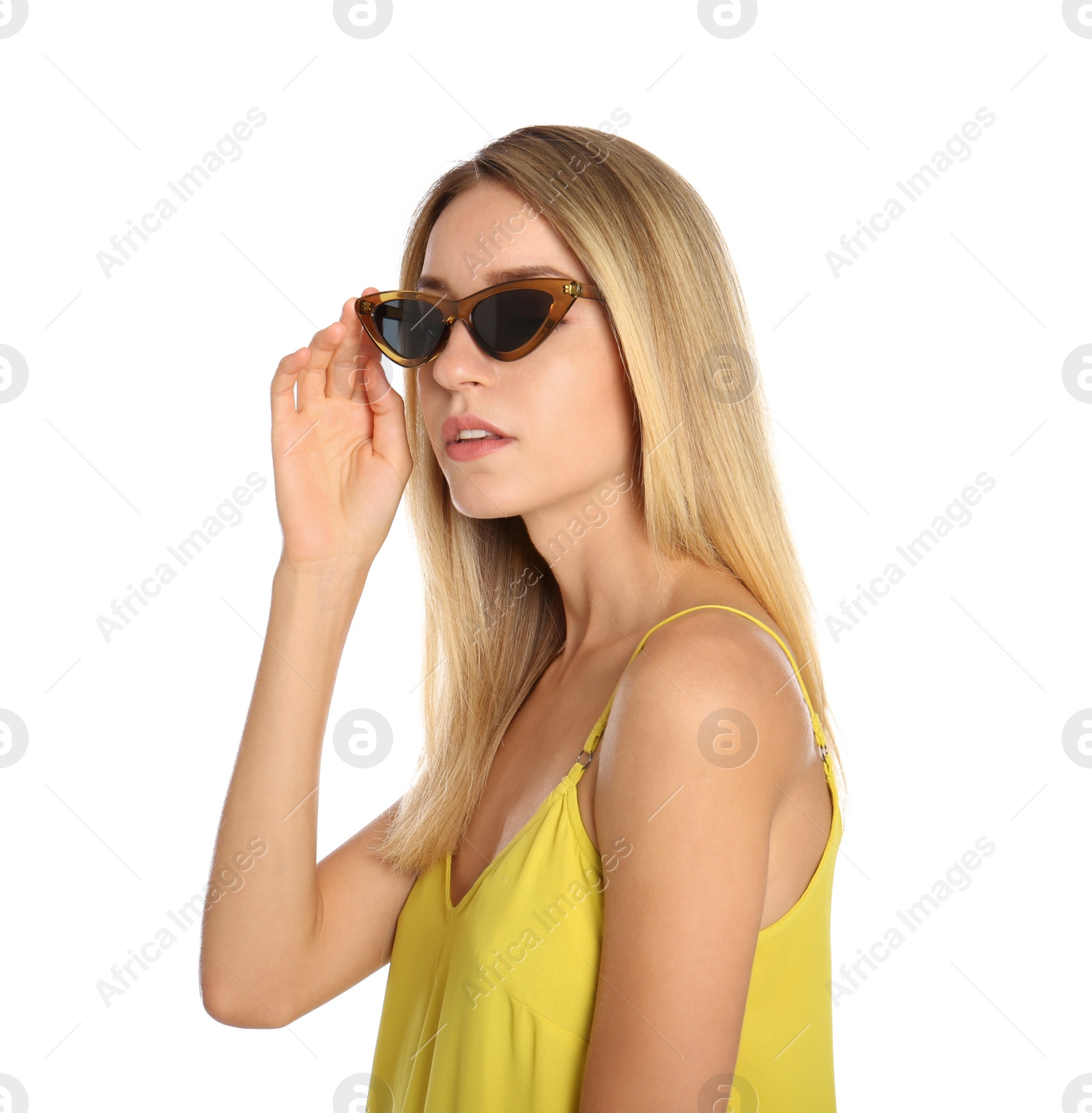 Photo of Beautiful woman in stylish sunglasses on white background