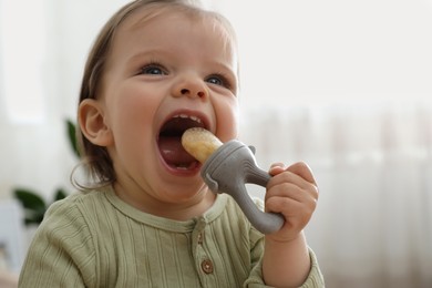 Photo of Cheerful baby girl with nibbler at home, closeup