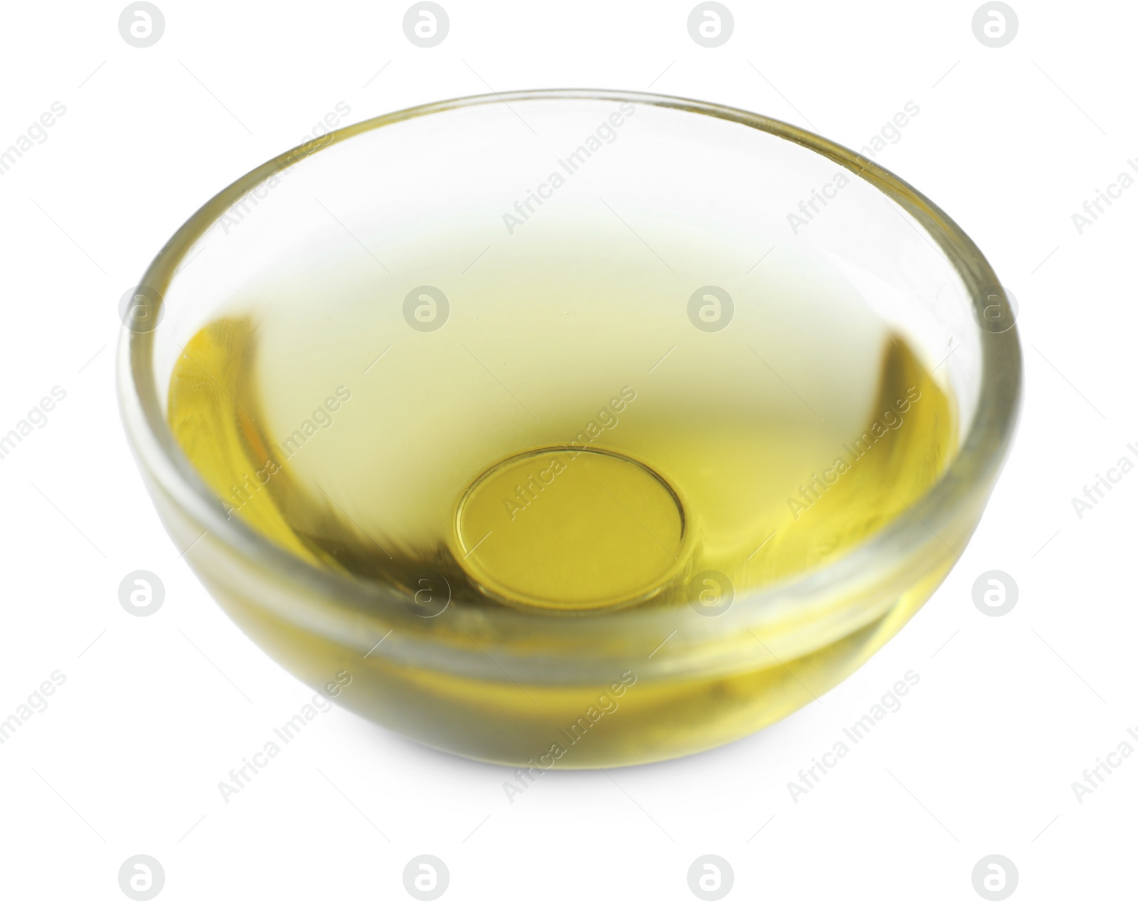 Photo of Glass bowl of cooking oil isolated on white