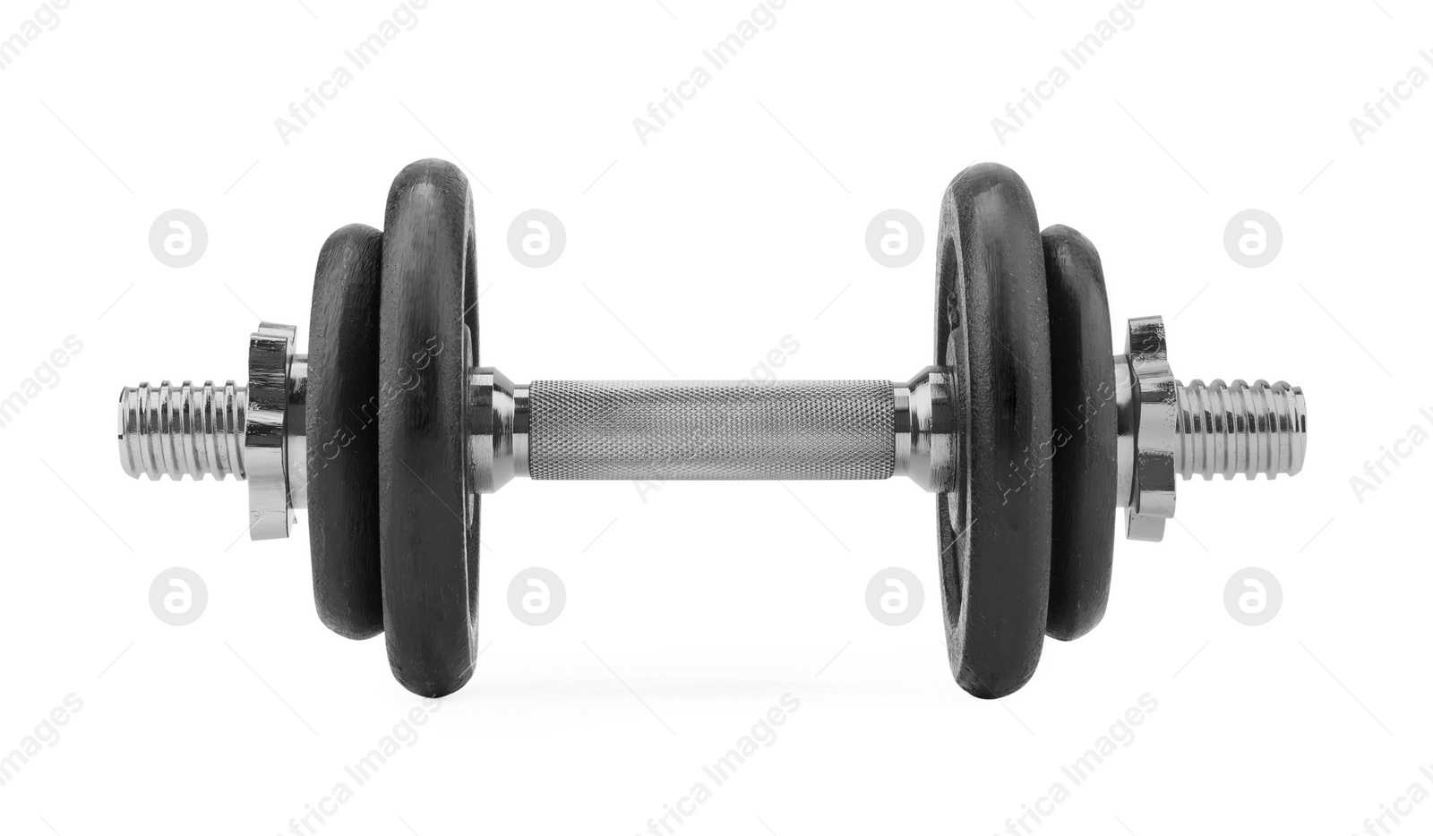 Photo of One metal dumbbell isolated on white. Sports equipment