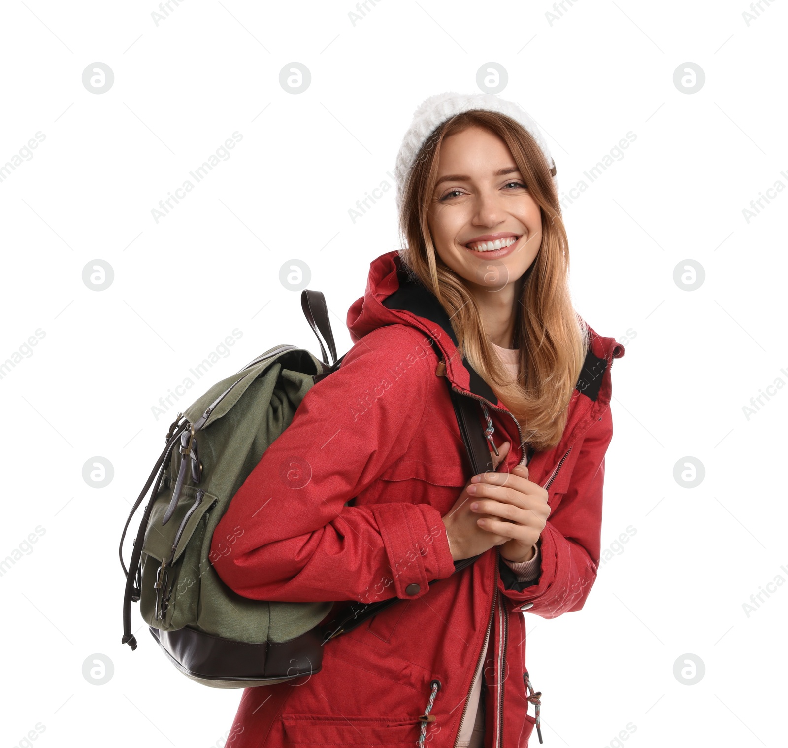 Photo of Happy woman with backpack on white background. Winter travel