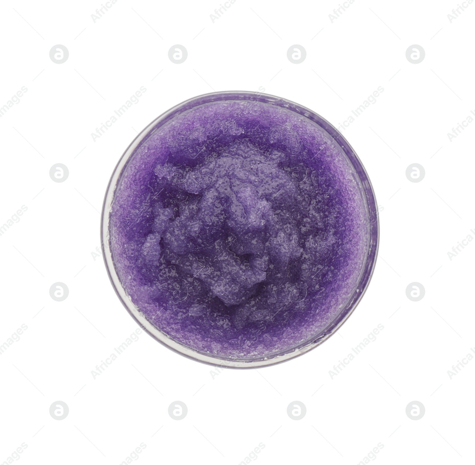 Photo of Bowl of purple body scrub isolated on white, top view