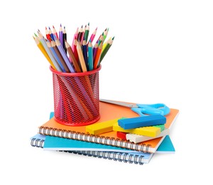 Photo of Many different school stationery isolated on white