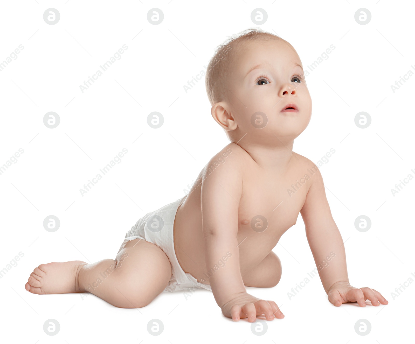 Photo of Cute little baby in diaper on white background