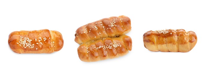 Image of Collage of tasty sausages in dough on white background