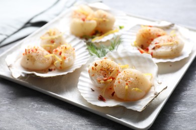 Photo of Raw scallops with spices, lemon zest and shells on grey marble table, closeup