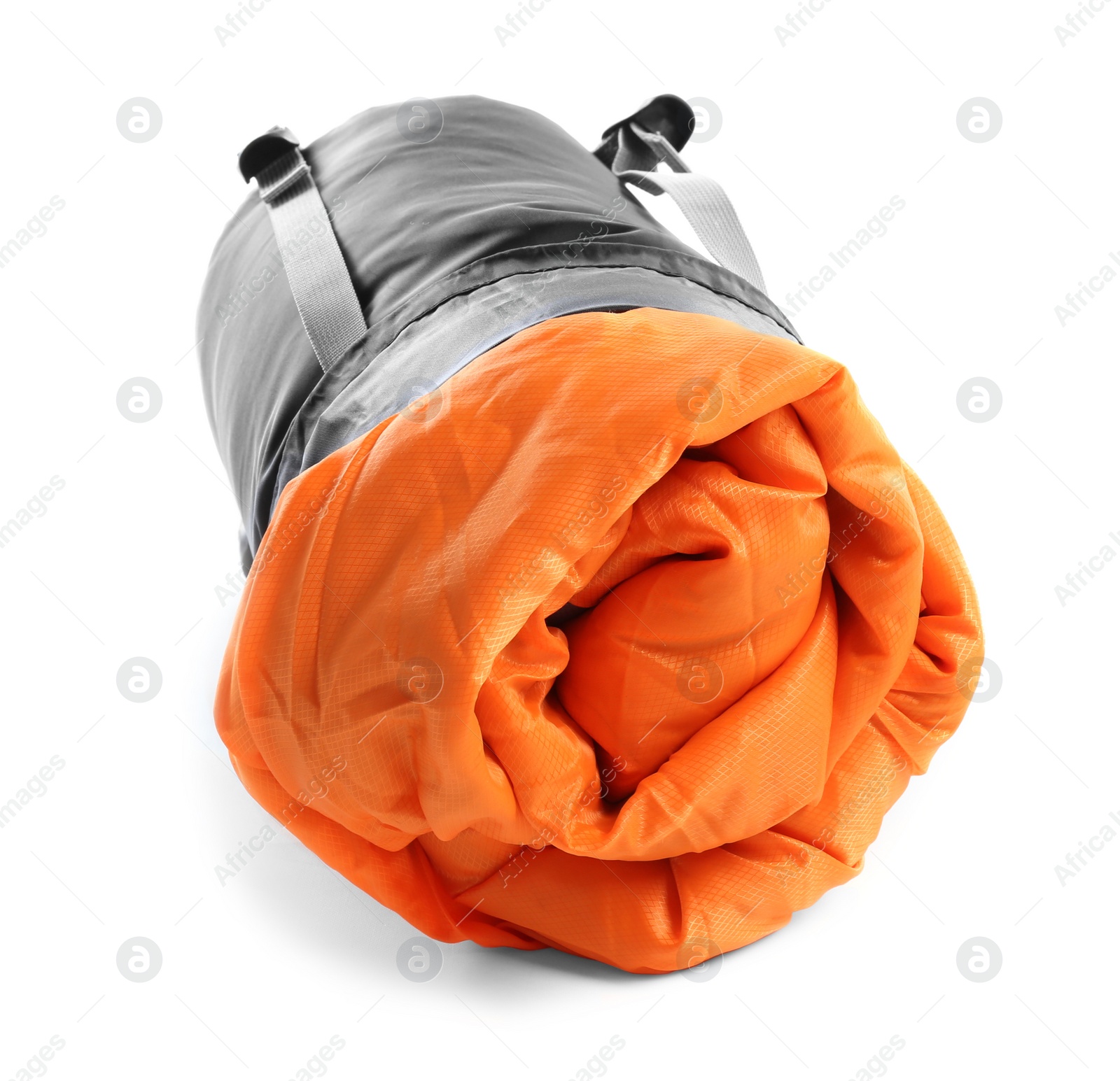 Photo of Rolled sleeping bag on white background. Camping equipment