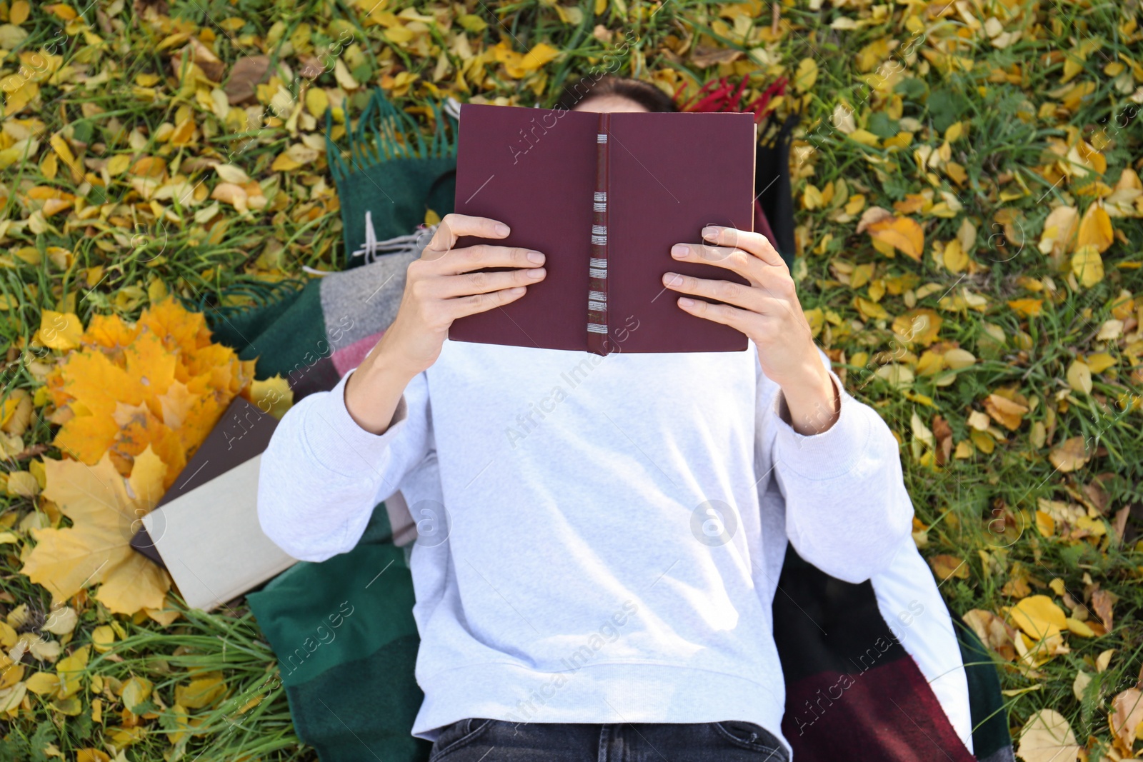 Photo of Woman reading book on grass with dry leaves, above view. Autumn season