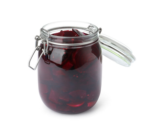 Pickled beets in glass jar isolated on white