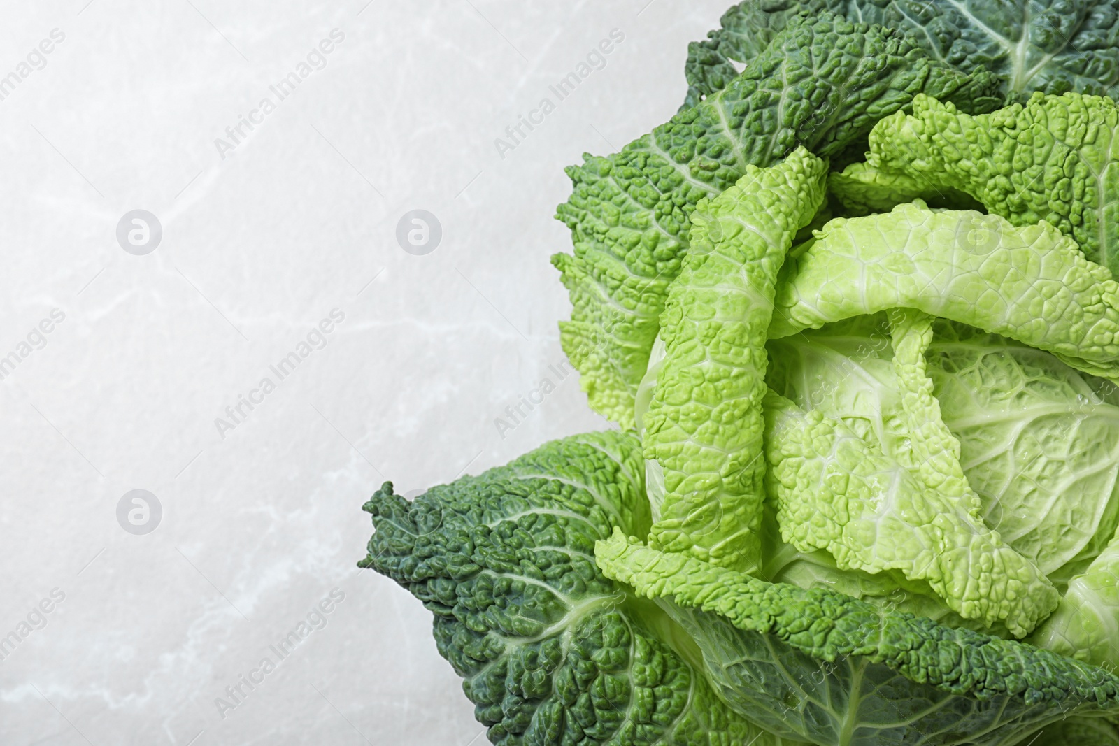 Photo of Fresh green savoy cabbage on marble table, top view. Space for text