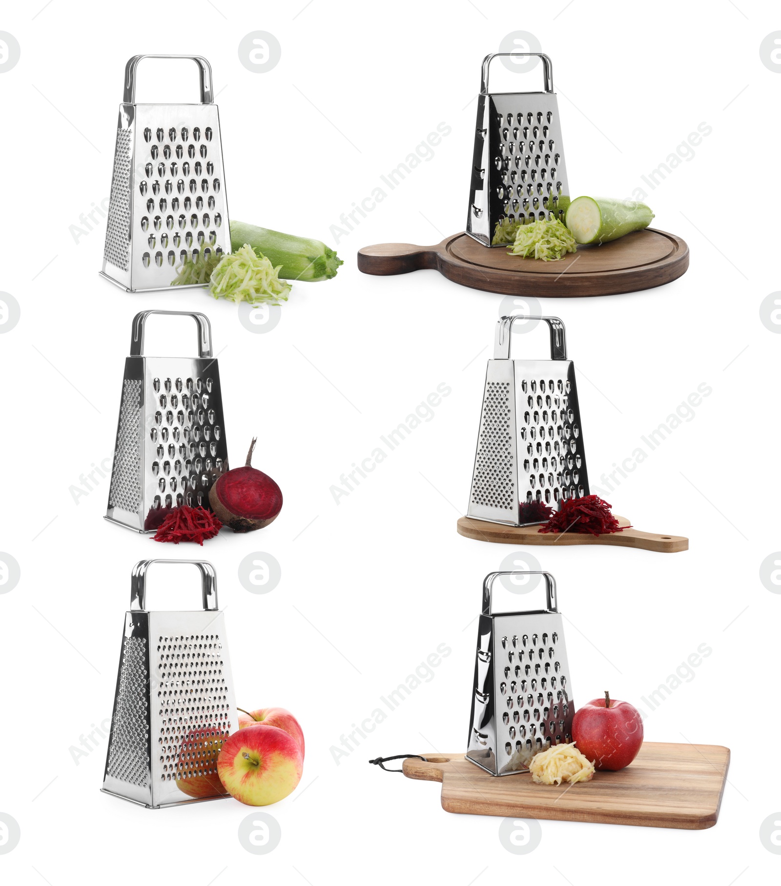 Image of Set with stainless steel graters and fresh products on white background 