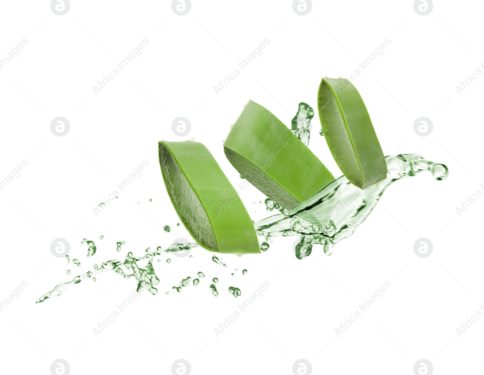 Image of Sliced aloe vera leaf and splashes of juice on white background