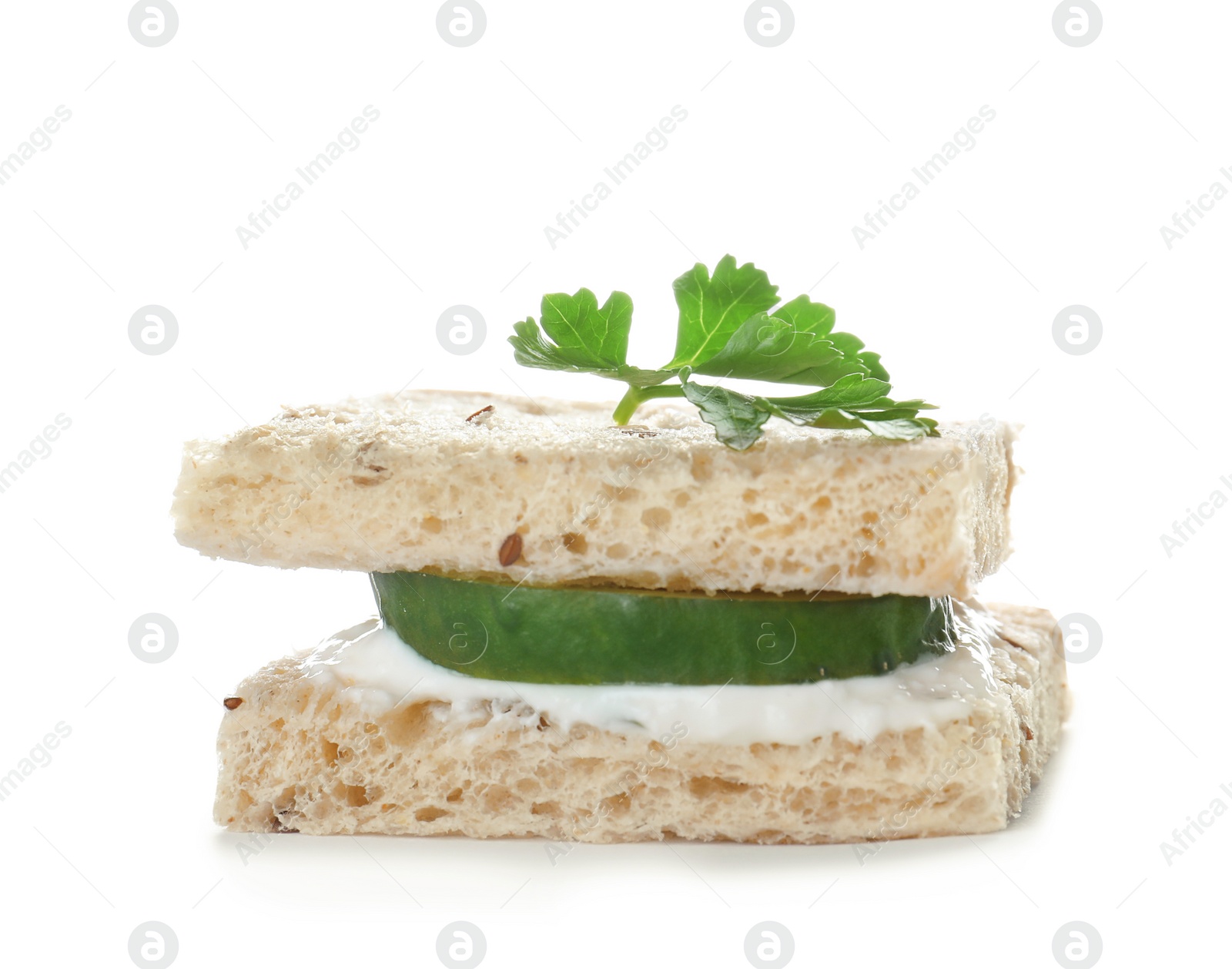 Photo of Fresh tasty cucumber sandwich isolated on white