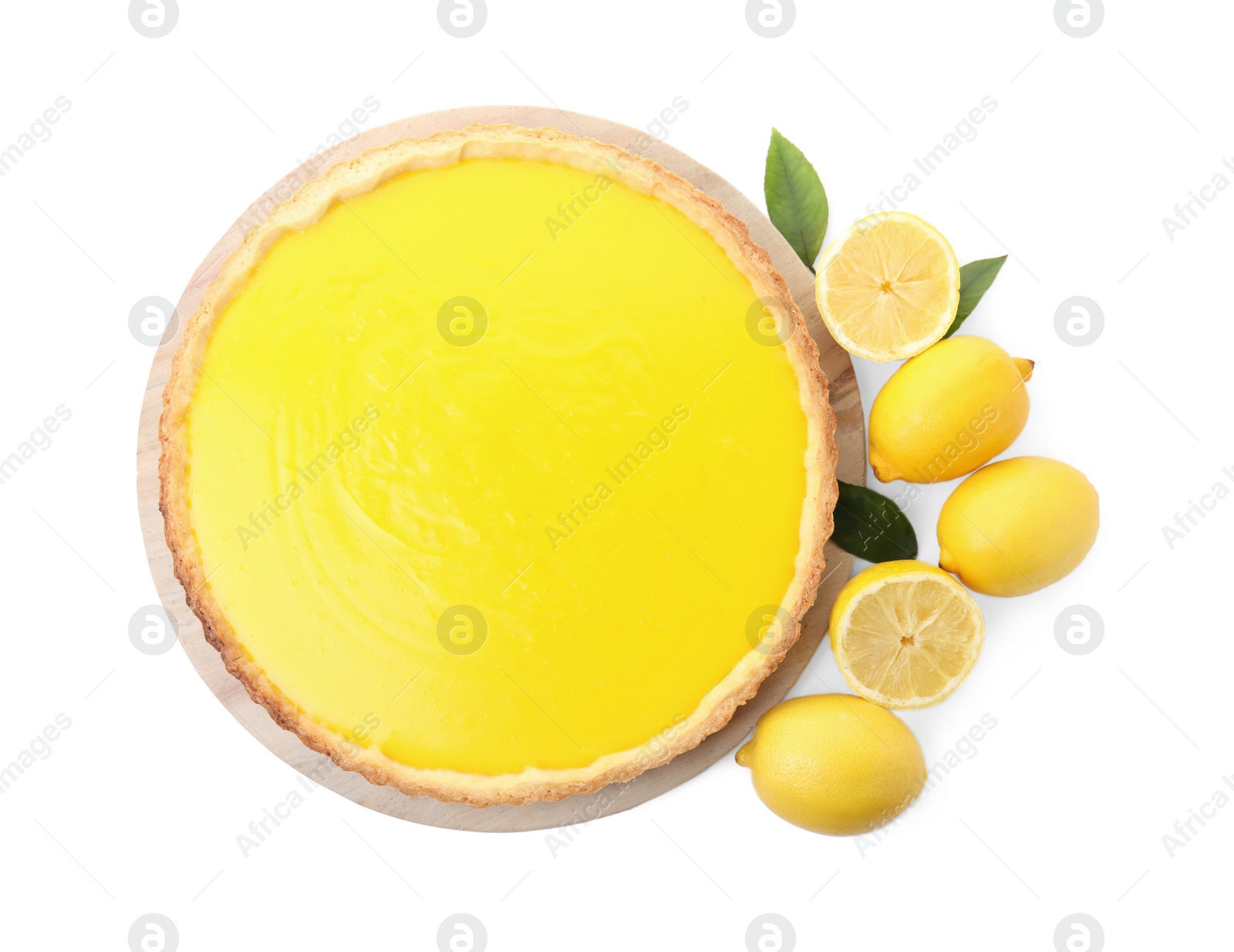 Photo of Delicious homemade lemon pie and fresh fruits on white background, top view