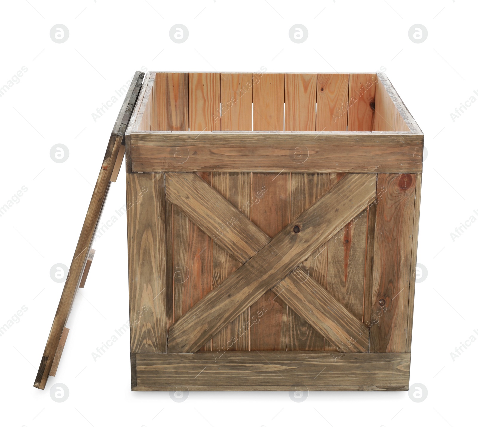 Photo of Old open wooden crate with lid isolated on white