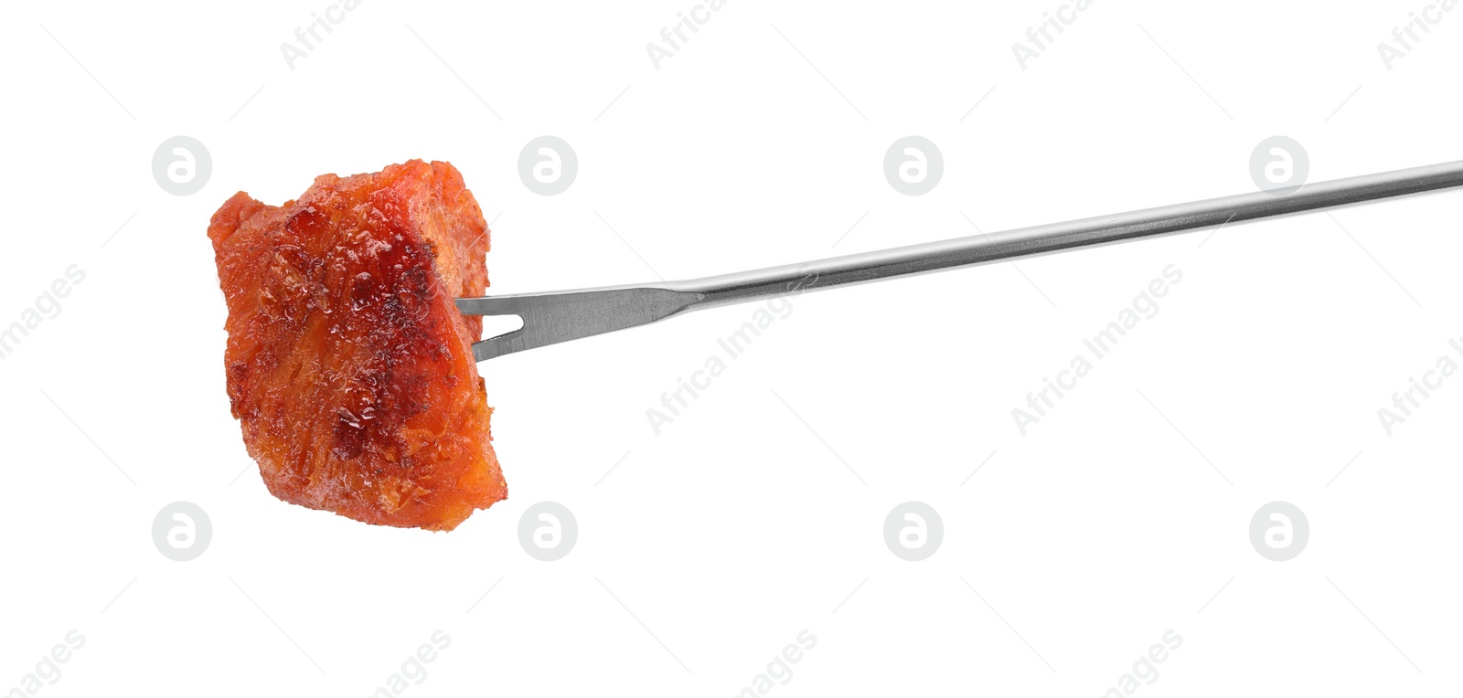 Photo of Fondue fork with piece of fried meat isolated on white