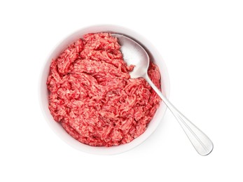 Photo of Fresh minced meat and spoon in bowl on white background, top view