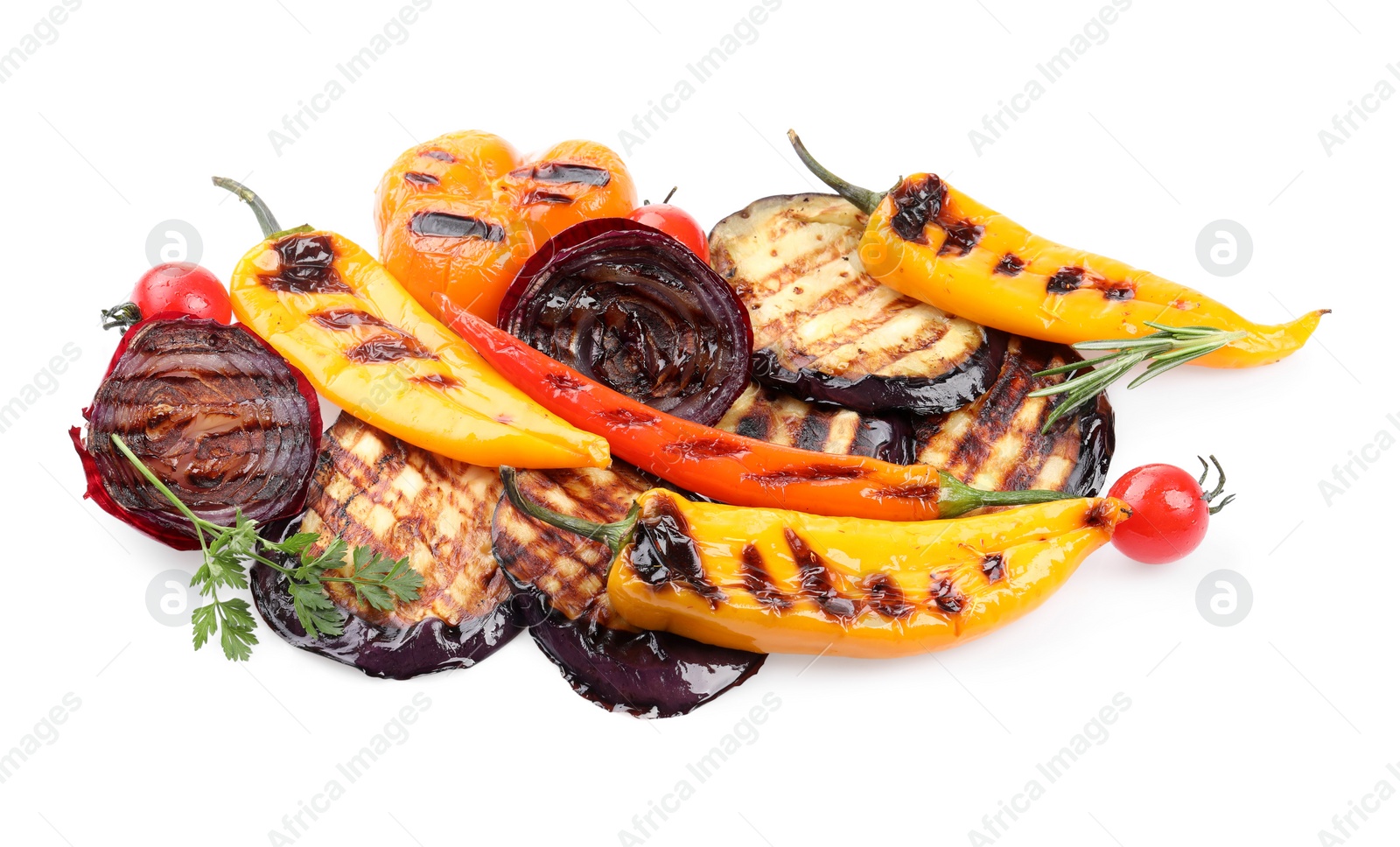 Photo of Different delicious grilled vegetables isolated on white