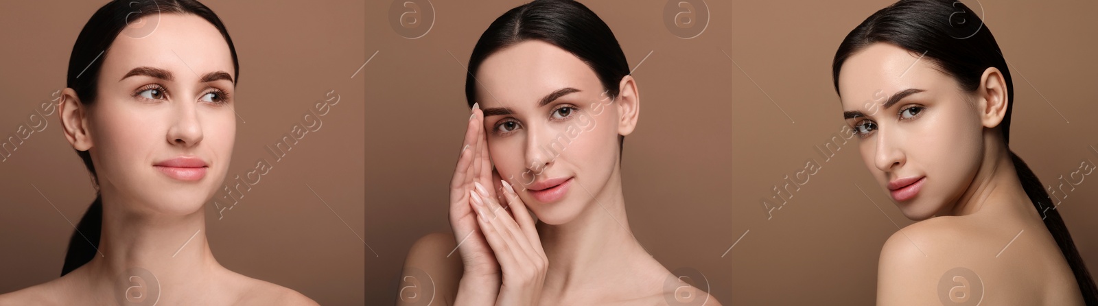 Image of Beautiful woman with perfect skin on light brown background, collage of photos. Banner design