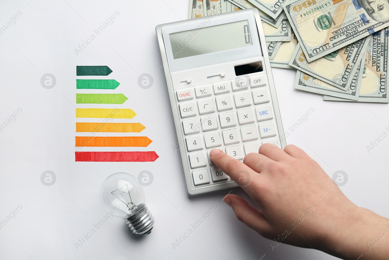 Photo of Woman with calculator, energy efficiency rating chart and money on white background, top view