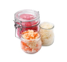 Photo of Delicious sauerkraut prepared according to different recipes on white background