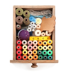 Photo of Container with set of color sewing threads on white background