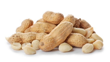 Photo of Raw peanuts on white background. Healthy snack