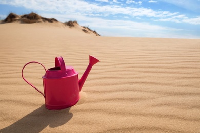 Pink watering can on sand in desert. Space for text