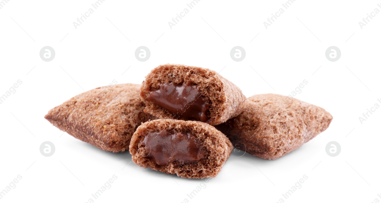 Photo of Broken chocolate corn pads on white background